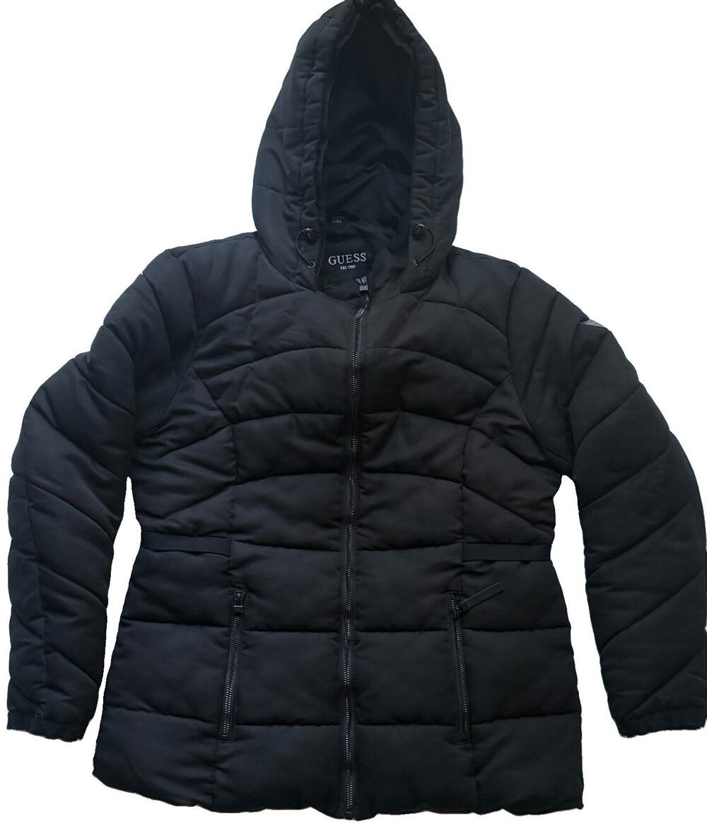 GUESS Black Hooded Quilted Puffer Jacket Womens L Full Zip Winter Coat Logo
